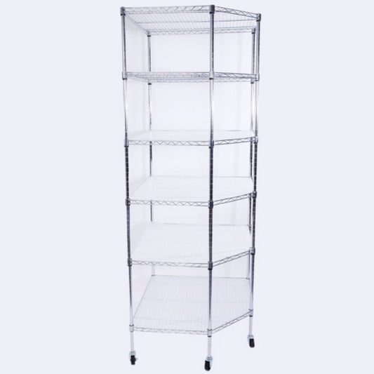 Metal shelving unit with five shelves in a room with a plant and window.