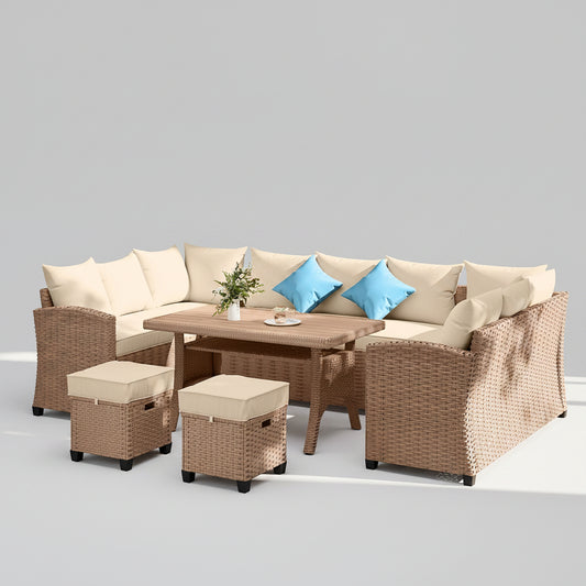Outdoor patio set with wicker furniture, cushions, and a small table.