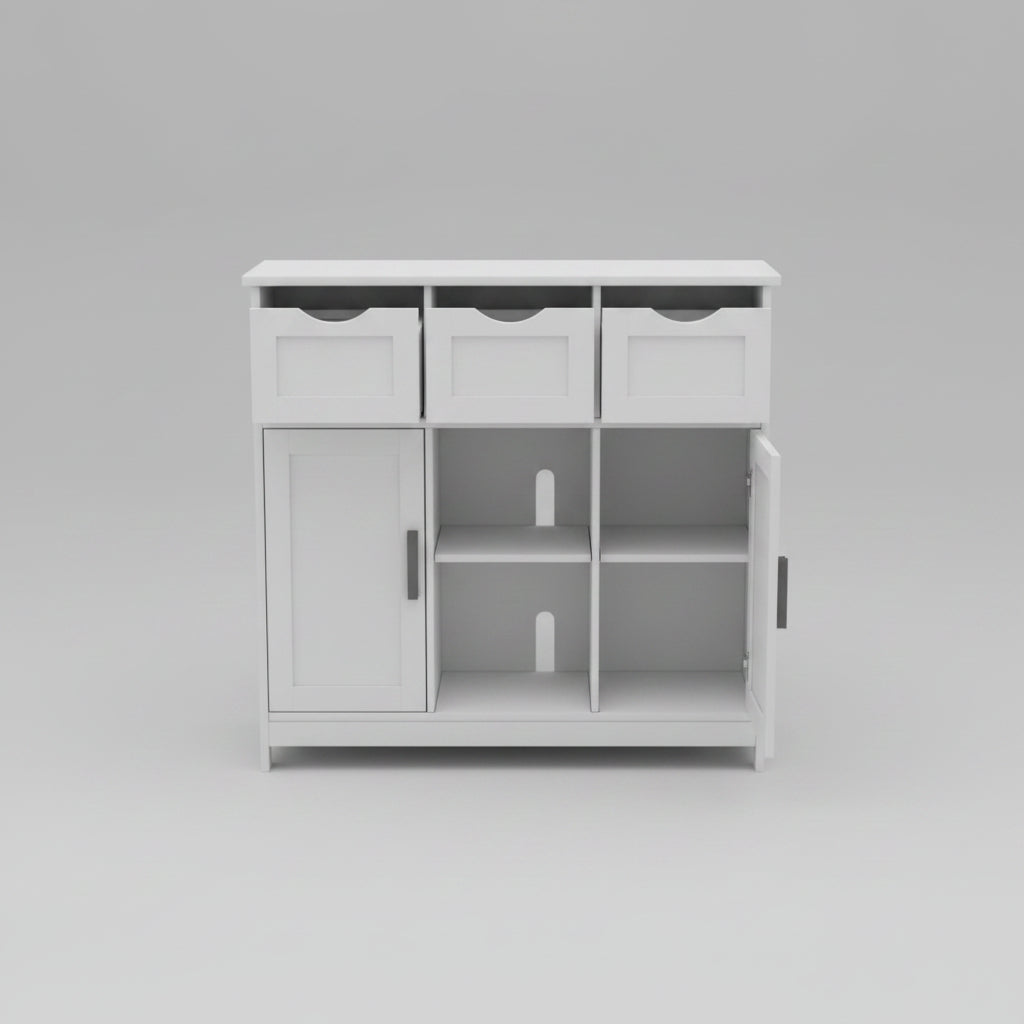 White storage cabinet with open doors showing interior shelves and drawers, with a plant and umbrella in the background.