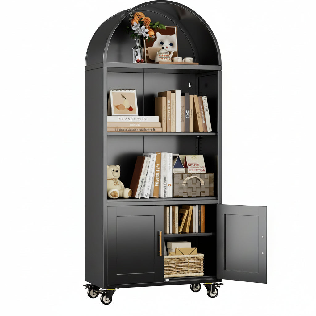 Black bookshelf with books, a teddy bear, and decorative items on shelves.