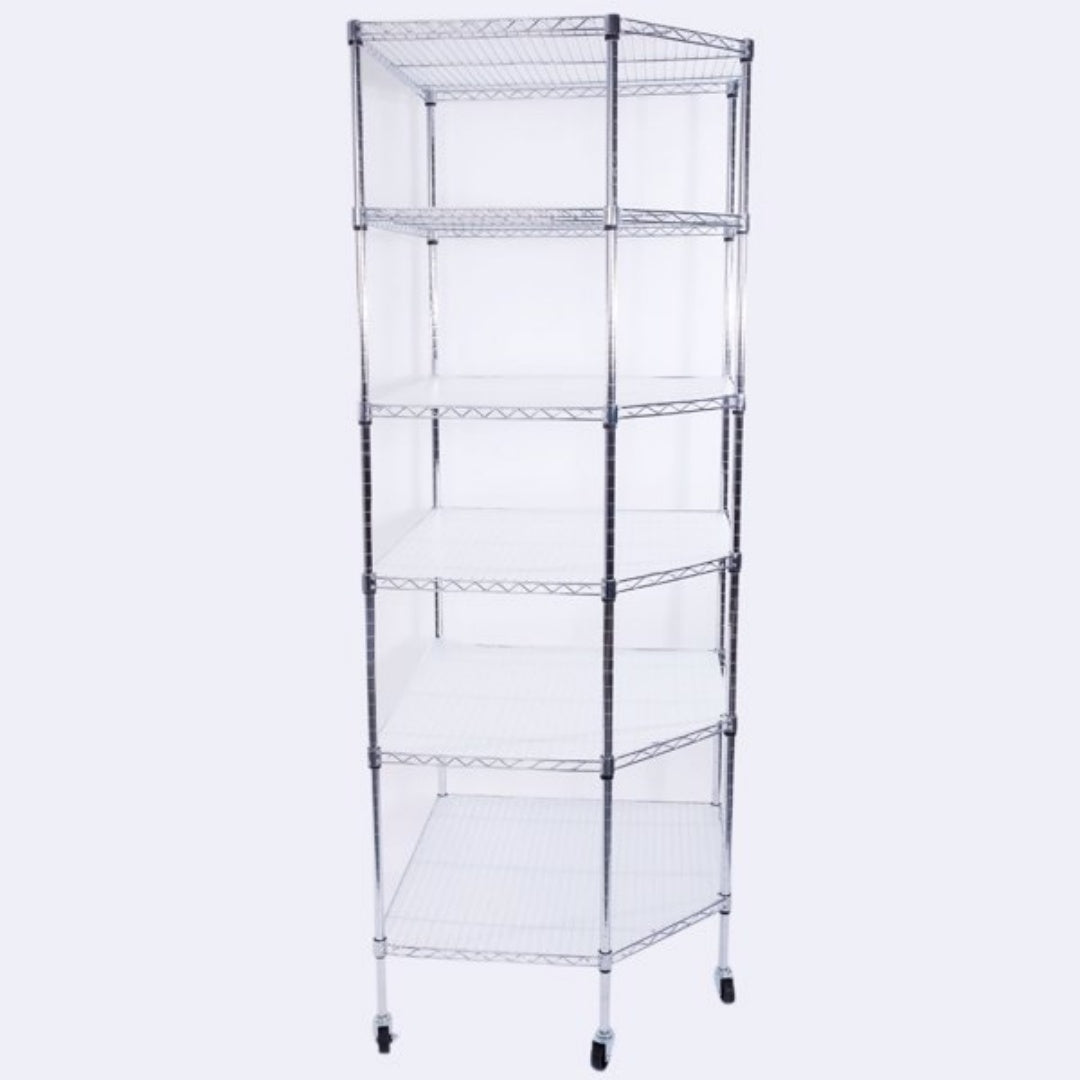 Metal shelving unit with five shelves in a room with a plant and window.