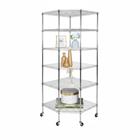 Metal shelving unit with five shelves in a room with a plant and window.