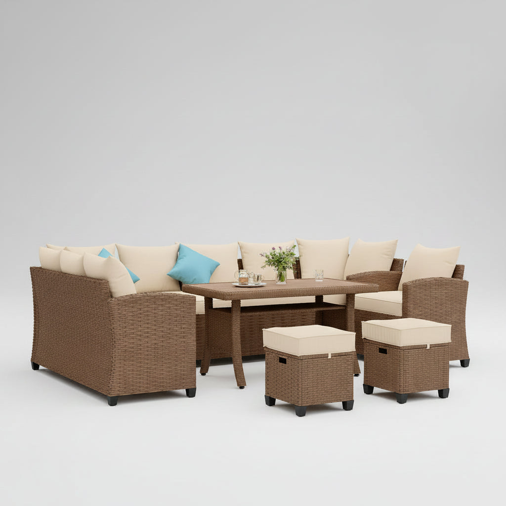 People sitting on a patio set with a table and chairs outdoors.