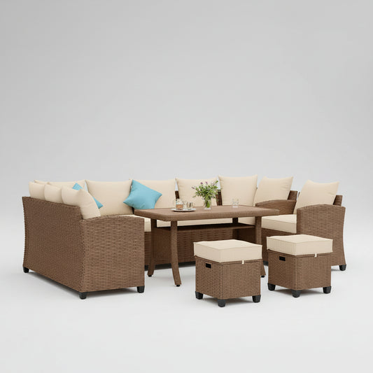 People sitting on a patio set with a table and chairs outdoors.
