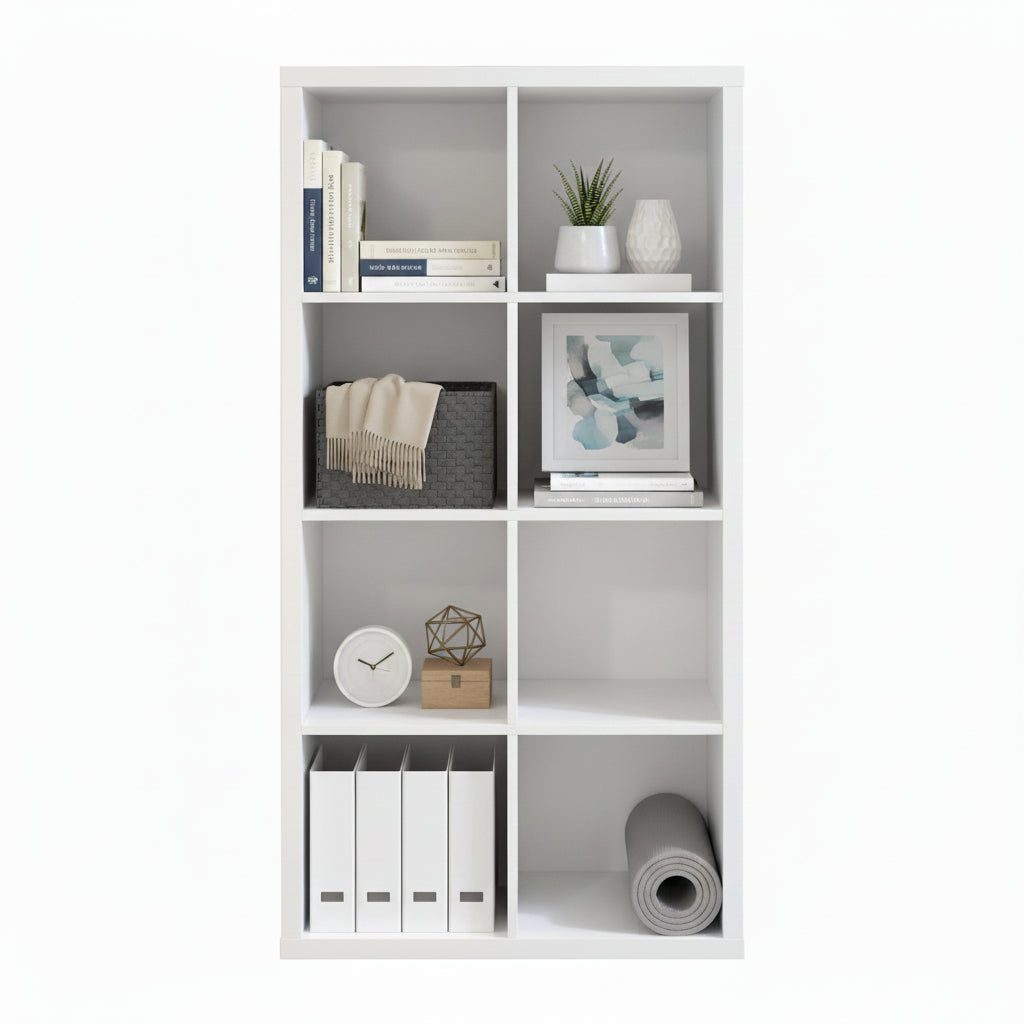 White bookshelf with multiple square shelves on a white background