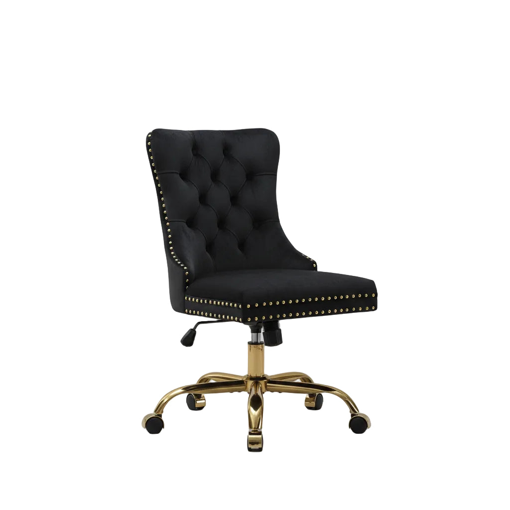 Black office chair with gold accents in a home office setting