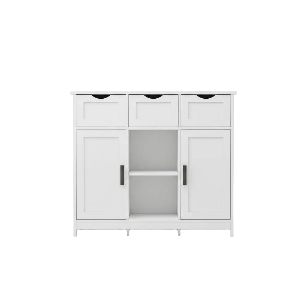 White sideboard with decorative items in a room with a plant and umbrella