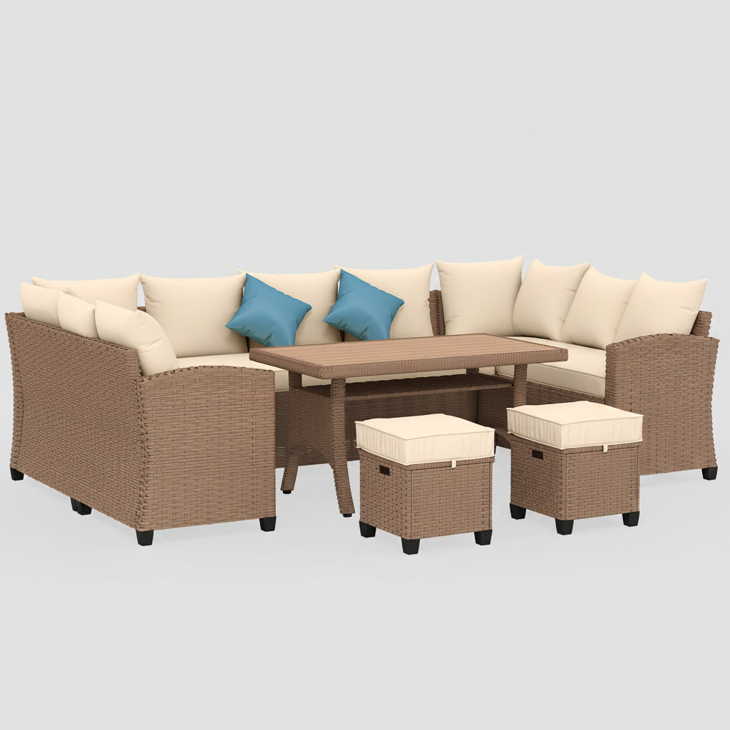 Outdoor furniture set with beige cushions, blue pillows, and a wooden table on a white background.