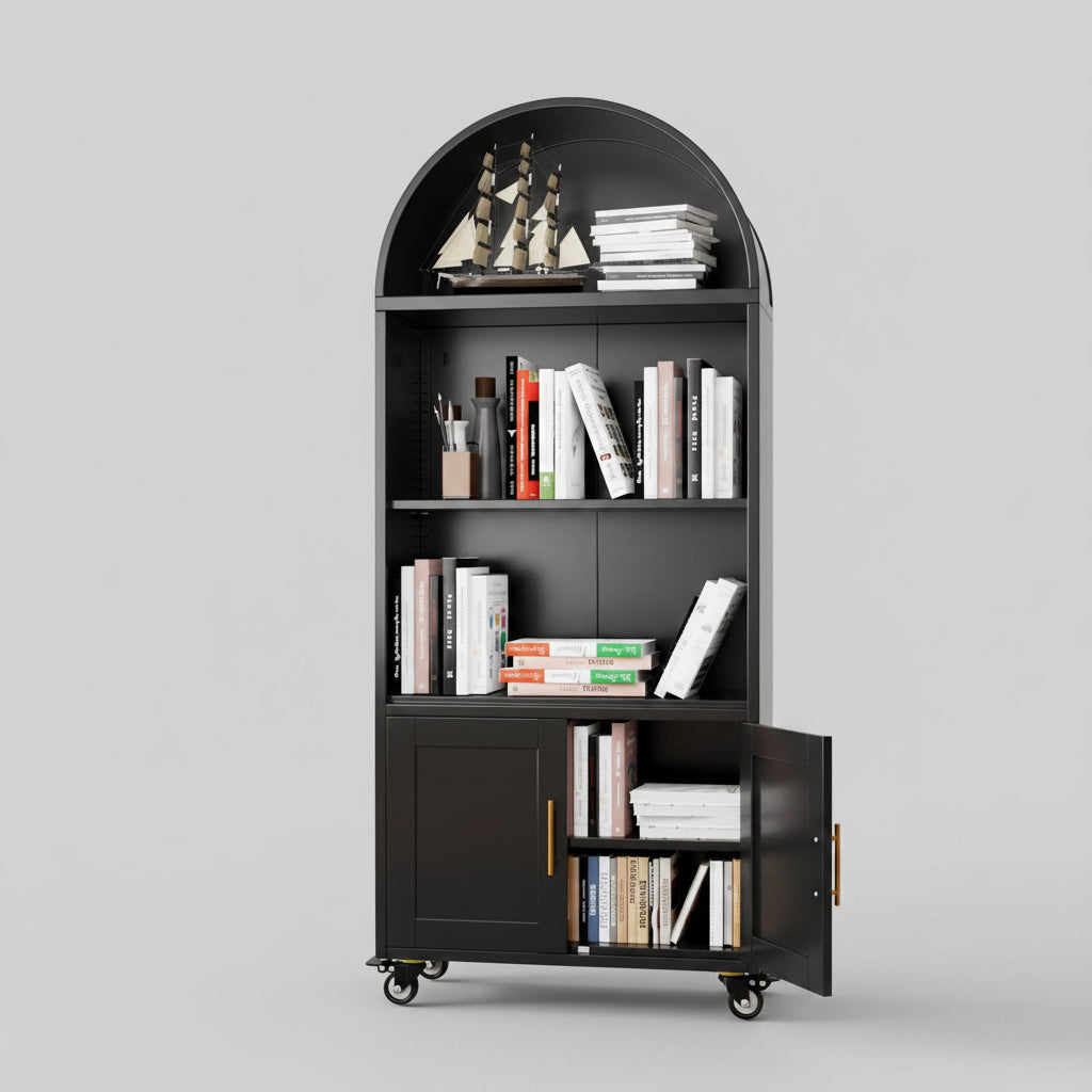 Black bookshelf with books and decorative items in a room with a desk and plant.