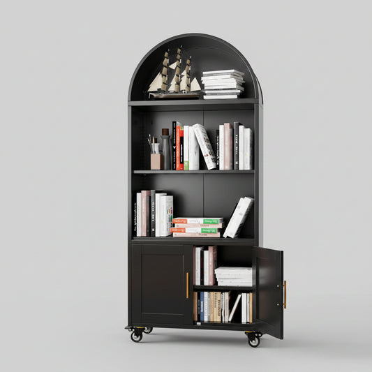 Black bookshelf with books and decorative items in a room with a desk and plant.