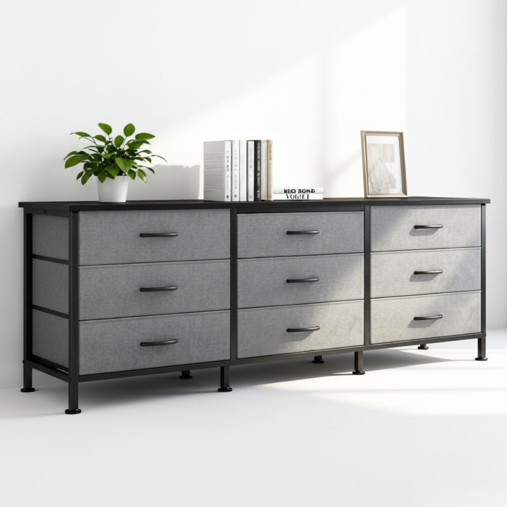 Gray dresser with black metal legs on a white background