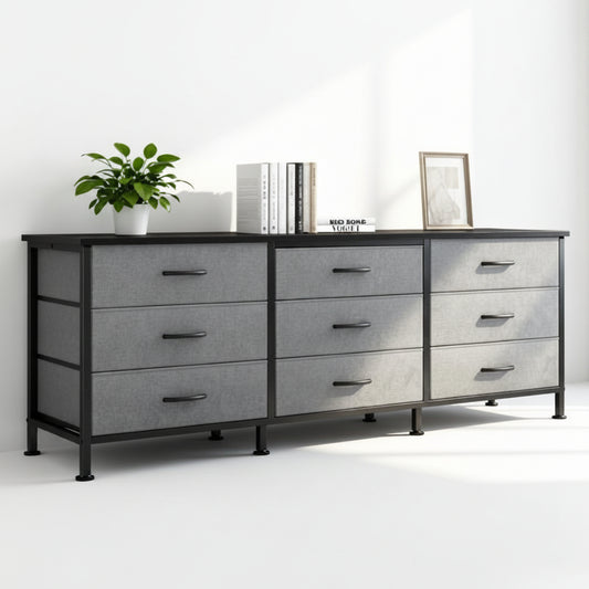 Gray dresser with black metal legs on a white background