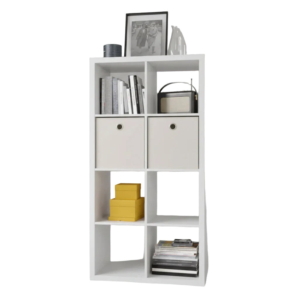 White cube shelving unit with books and decorative items against a white wall.