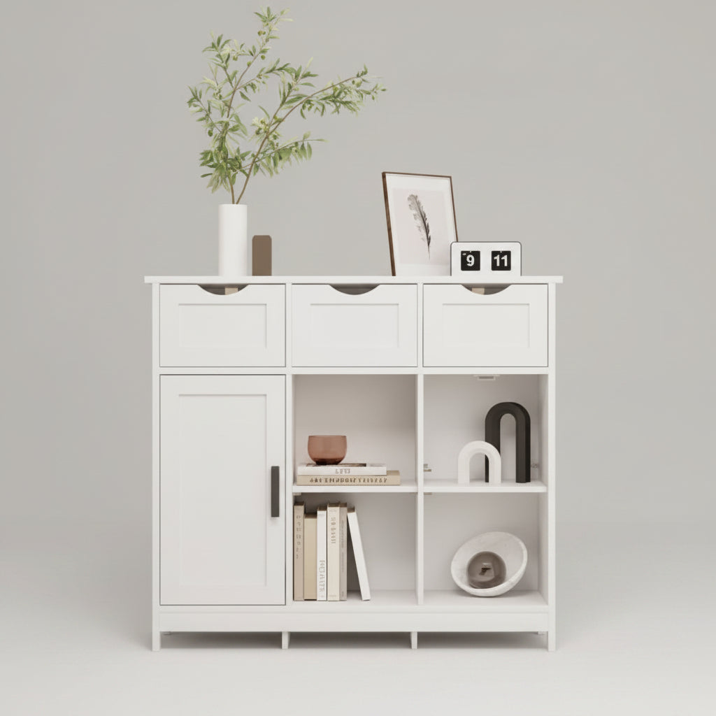 White storage cabinet with decorative items in a room with plants and a sofa.