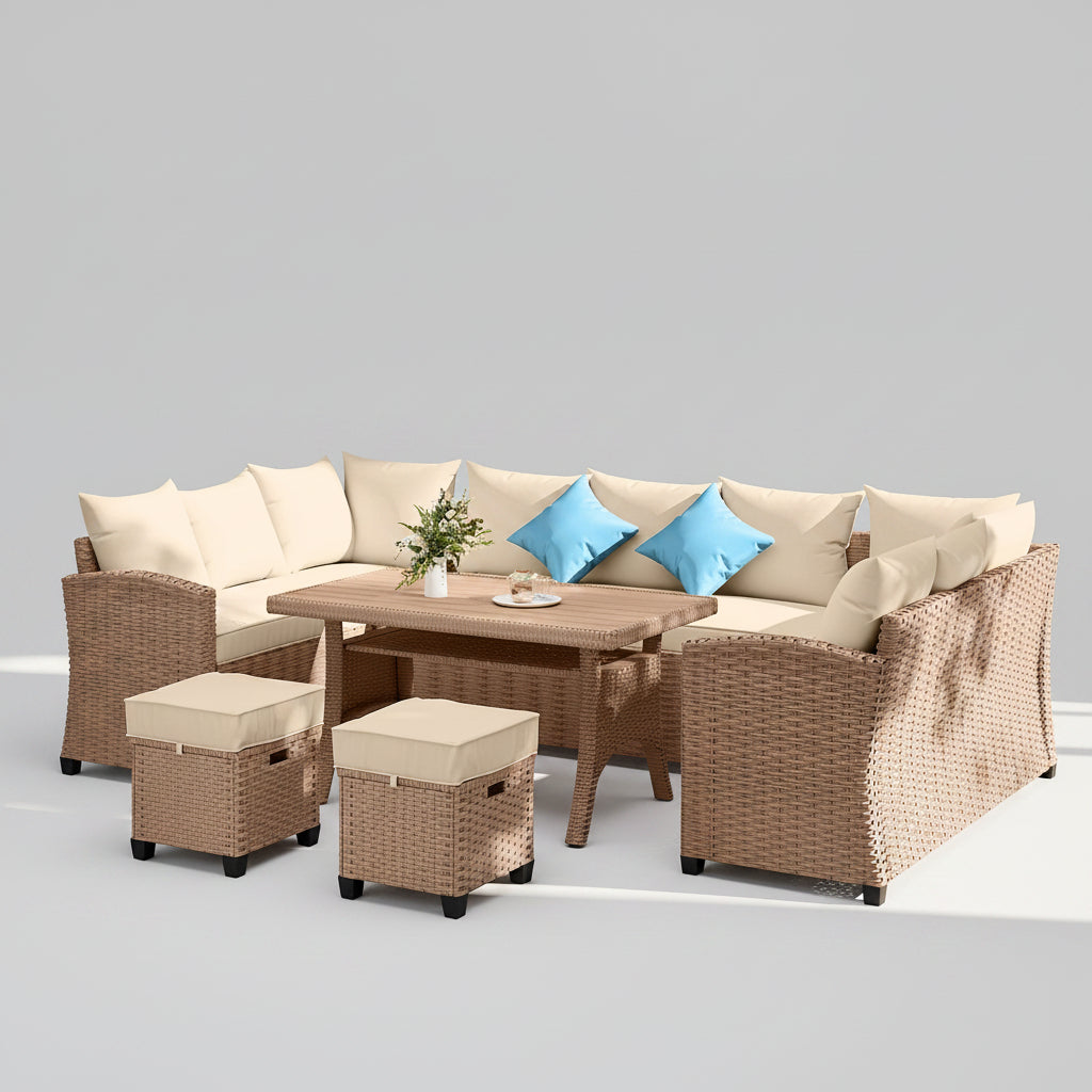 Outdoor patio set with wicker furniture, cushions, and a small table.